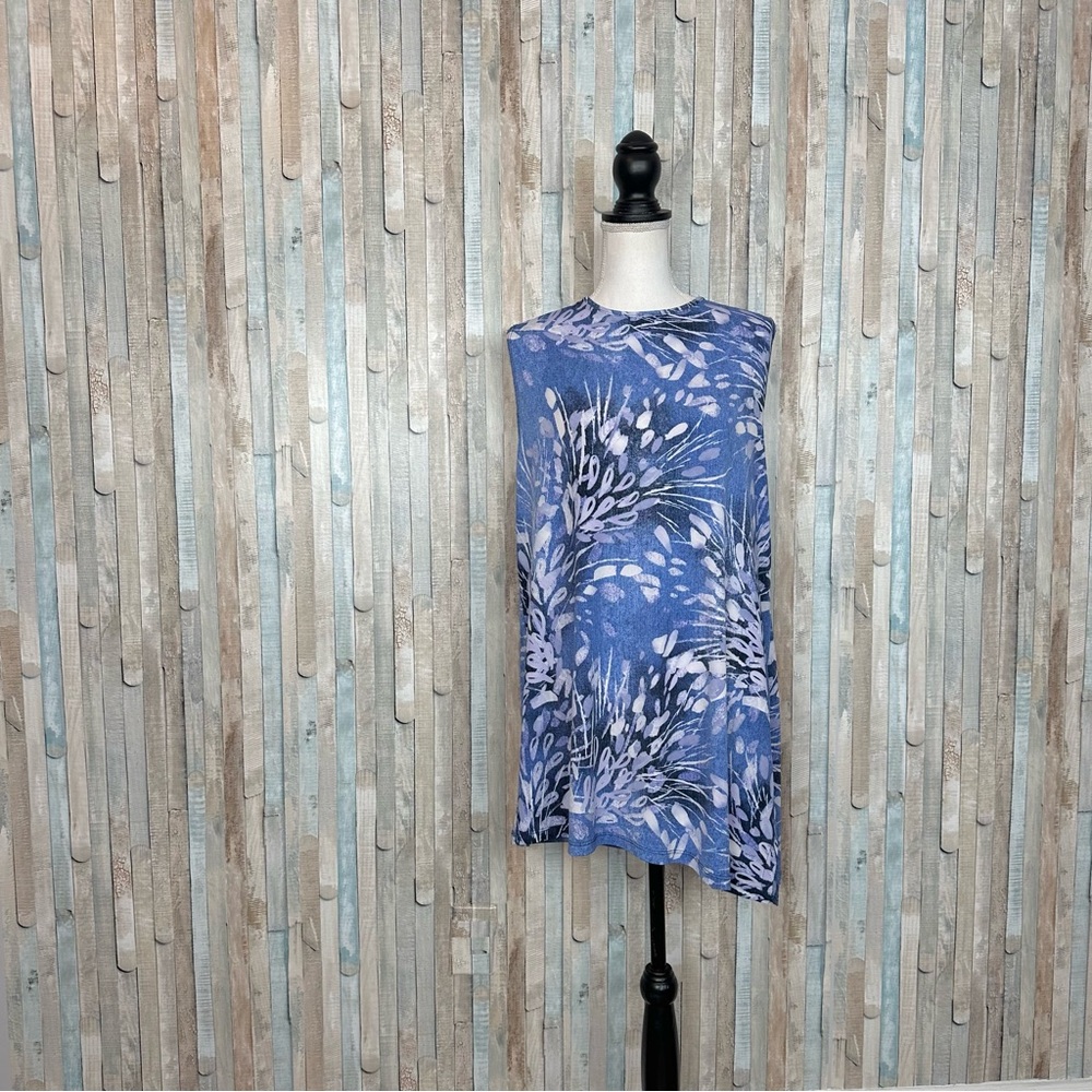Clara Sun Woo XL Blue Artsy Botanical Print Asymmetric Jersey Tunic Top Tank - Picture 2 of 7